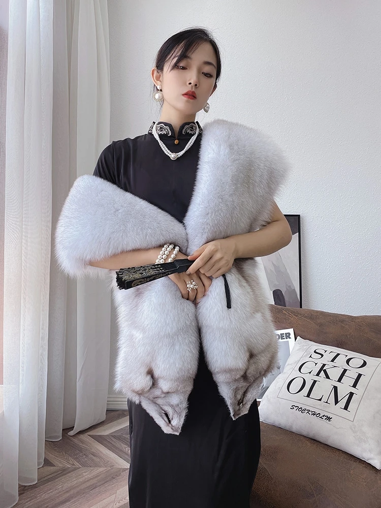 New Real Fox Fur Dress Wedding Shawls Thicken Warm Long Winter Fox Big Collar Scarf Ponchos Cheongsam Elegant Capes