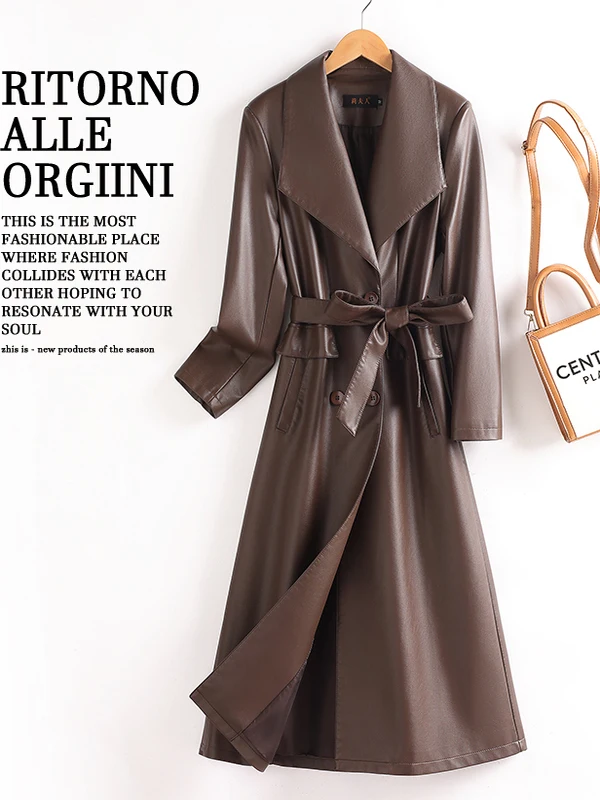 

Ning Genuine eepskin Coat Women's Mid-Length Sli Slim-Fit Over-Knee Windbreaker Trendy Commute Sle Double-Breasted