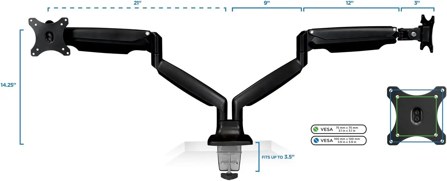 듀얼 모니터 암 마운트 |   책상 스탠드 |   이중 관절식 가스 스프링 높이 조절 암 |   2 x 24 27 29 30 32 인치 VESA에 적합