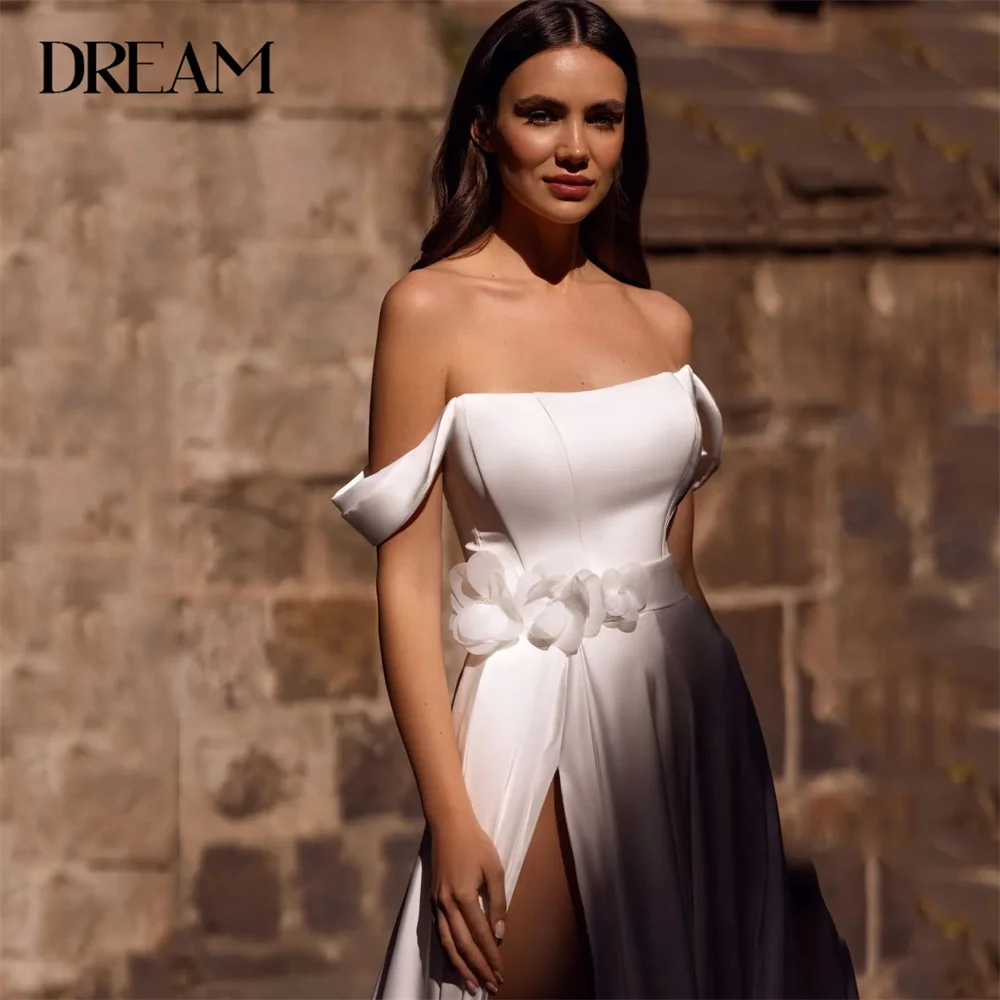 

Elegant A-Line Wedding Dresses Off The Shoulder 3D Flowers Boat-Neck Split Open Back Bridal Gown Vestidos De Novia Customized