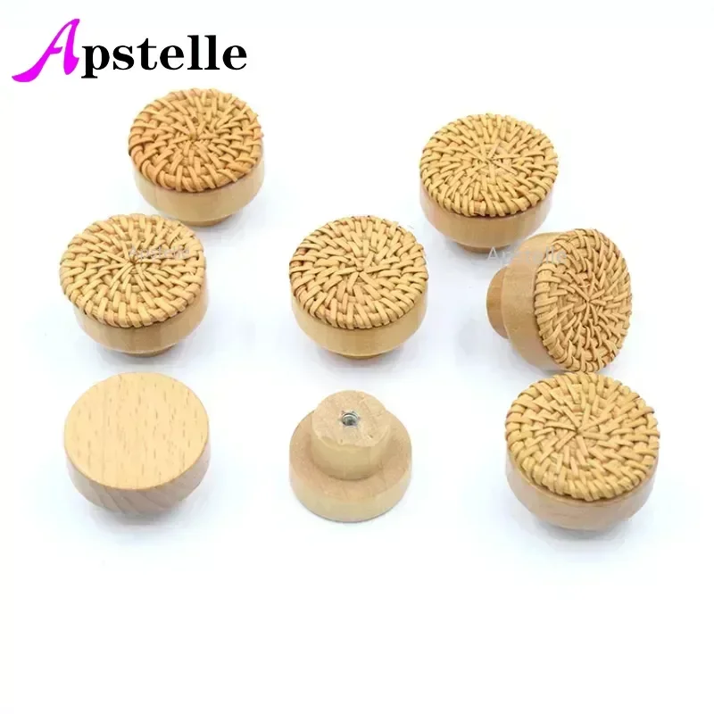 APSTELLE Wardrobe Knob Kitchen Cupboard Dresser Pulls Wooden Handles Schima Superba Rattan Drawer Knobs Furniture Hardware