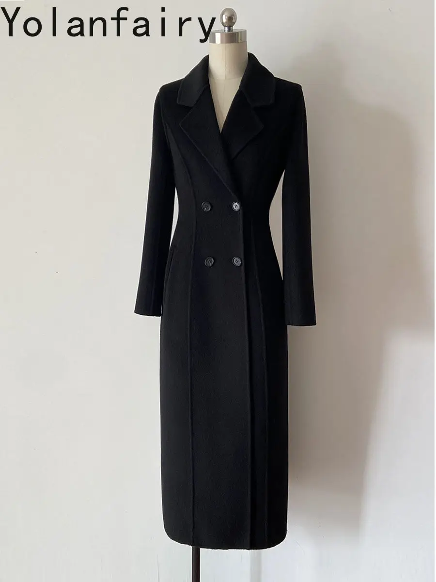 YOLANFAIRY High Quality Cashmere Coat Women Fall Winter Luxury Wool Coats Woman Slim-fit Waisted Woolen Jacket Long manteau