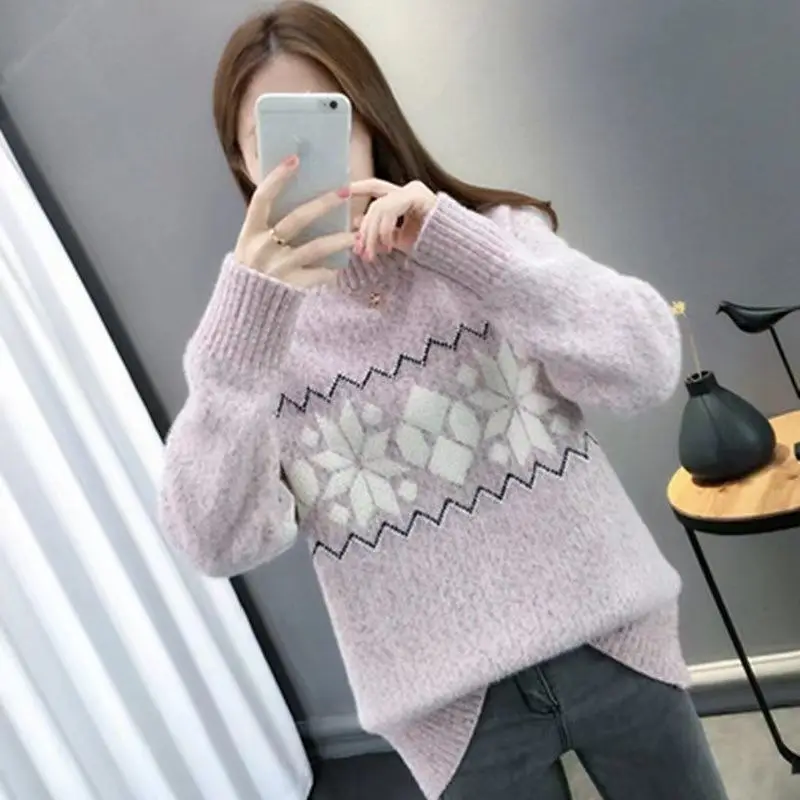 High Collar Knit Sweater with Floral Print, Long Sleeve, Korean Style, Harajuku Fashion, Autumn and Winter Pullover