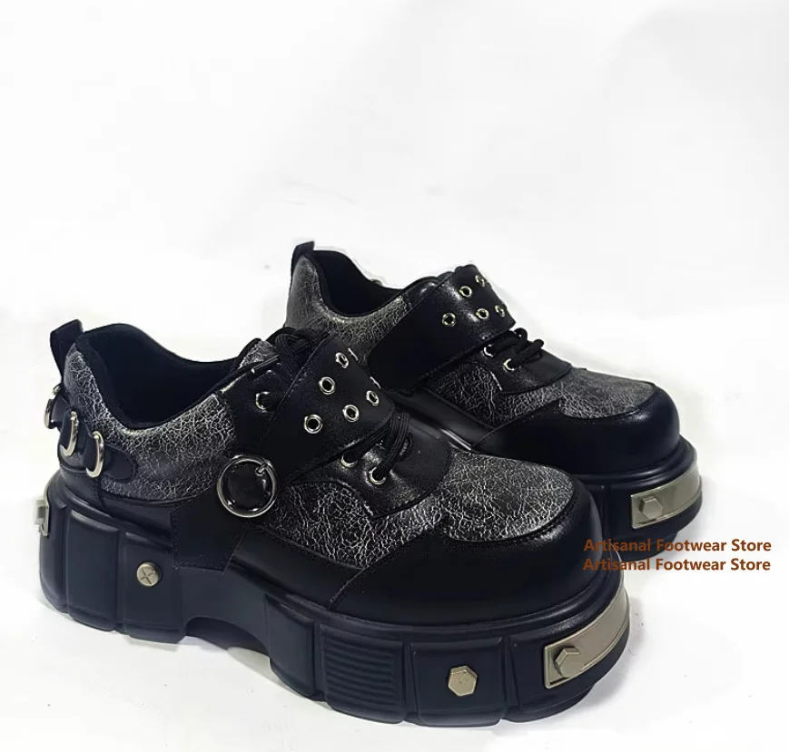 

Metal Thick Sole 7Cm Height Increasing Derby Shoes for Men Retro Punk Splicing Big Round Toe Leather Shoes Trendy Men's Shoes
