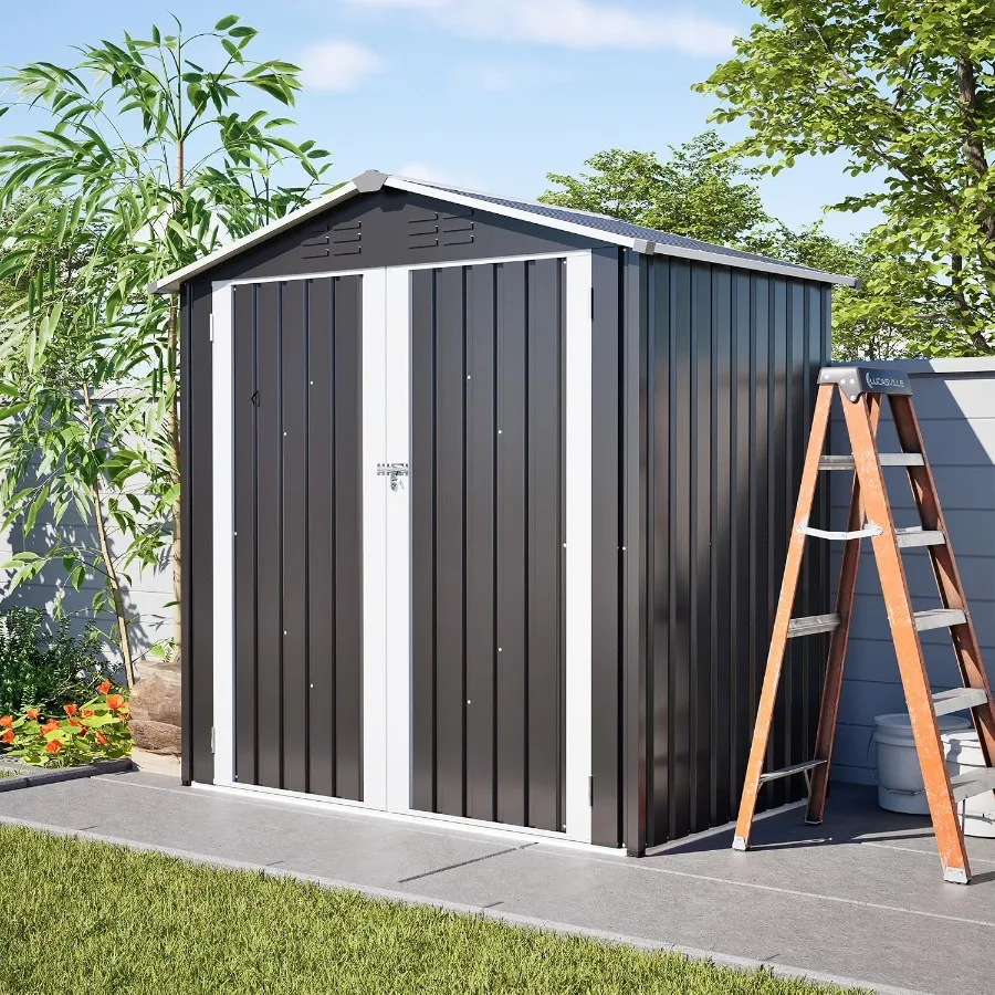 6'x4' Outdoor Storage Shed, Galvanized Metal, Gray, All-Weather Utility Tool Shed with Lockable Double Door, Floor Base 4 Vents
