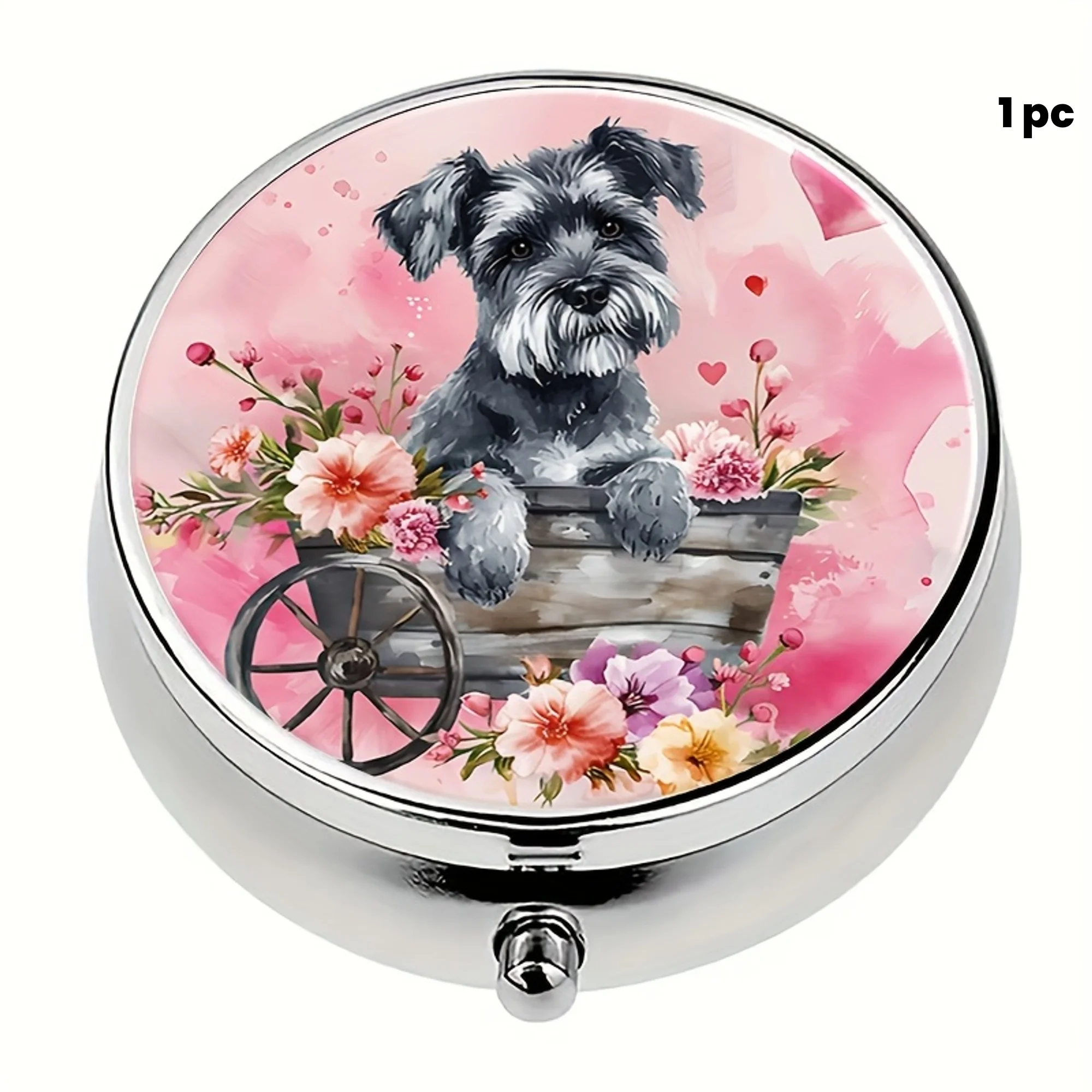 1 Round Pill Box with Schnauzer Dog Floral Pattern, Mini Three-Compartment Pill Box, Portable Metal Pill Box, Can Be Placed in a Pocket or Purse, Suitable for Travel and Daily Use, Unique Gift Choice.
