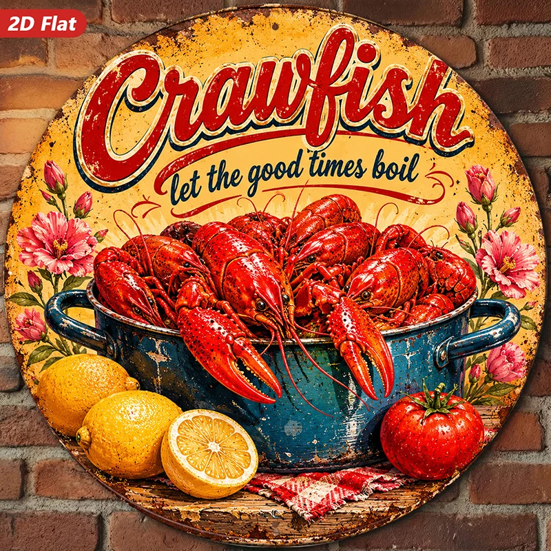 CIFBUY Vintage 2D Round Aluminum Wall Art Waterproof Durable Crab Floral Seafood Sign For Kitchen Restaurant Bar Indoor Outdoor