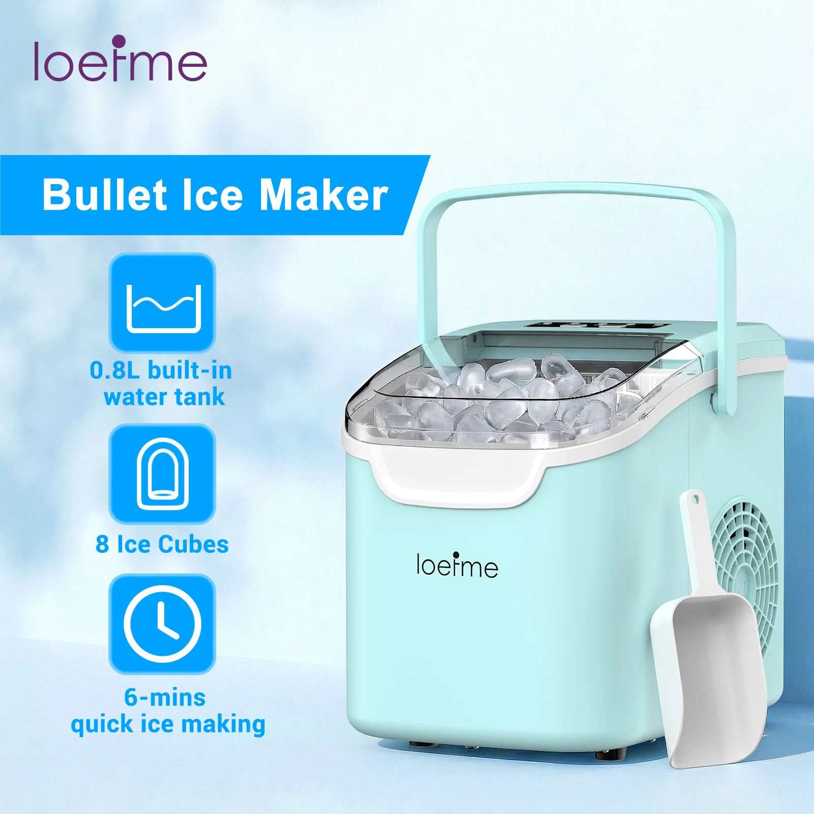 LOEFME Portable Ice Maker 12kg/24h 6 Mins Fast Ice 8pcs 2 Sizes Ice Cubes W/ Scoop & Ice Basket Desktop Ice Machine for Home Bar