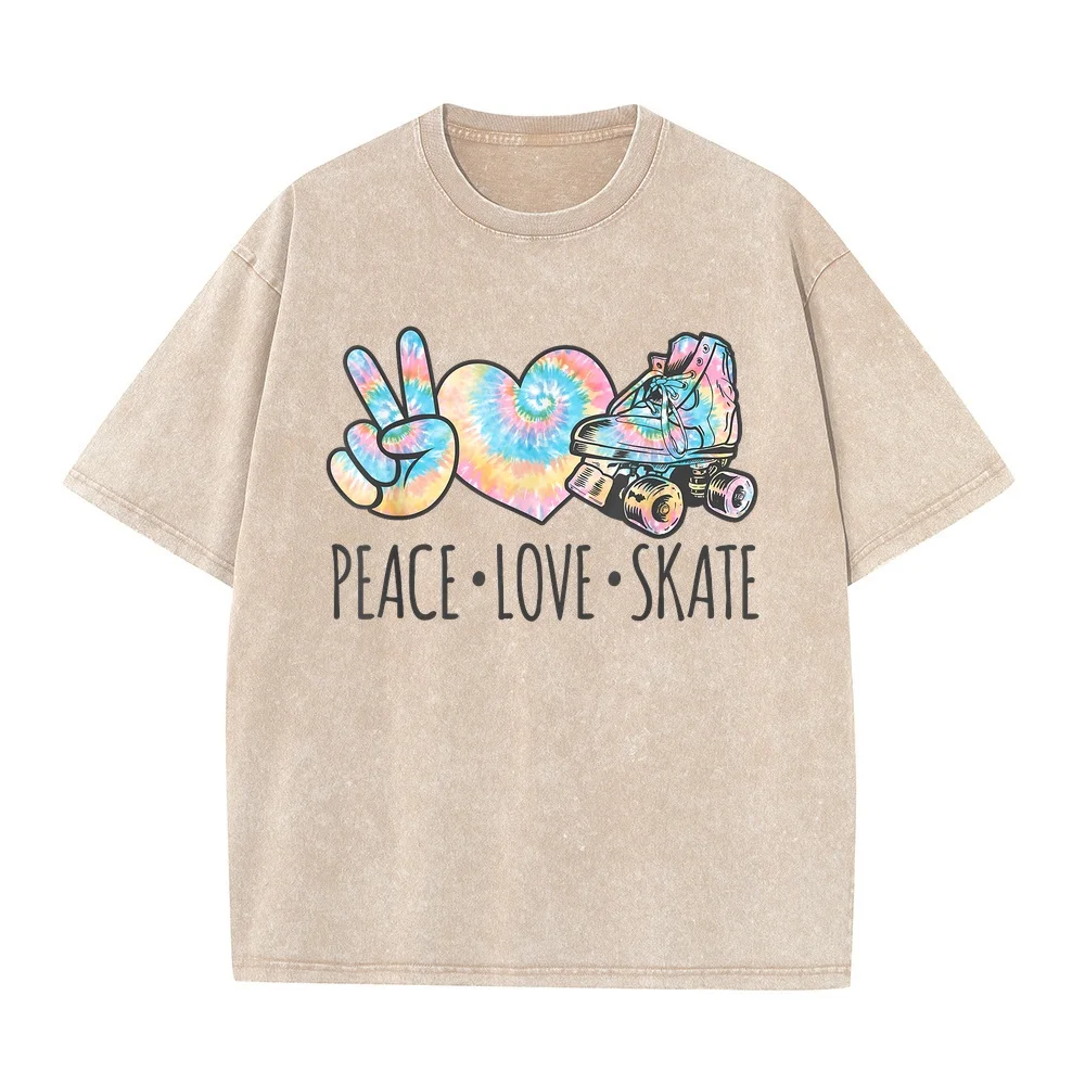 Tie Dye Roller Skating for Teen Girls Peace Love Skate T-Shirt Tops Korean Popular Clothes Extended Size Printed Graphic Tee