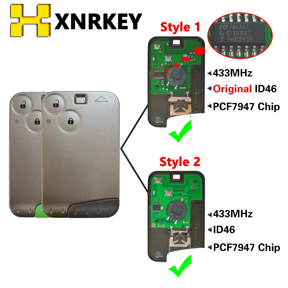 Xnrkey aftermarket/oem pcf7947 chip 433mhz fernbedienung schlüssel für renault laguna espace smart card