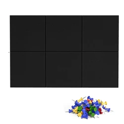 Azulejos de fieltro negro elegantes, reemplazo de tablero de corcho con 50 chinchetas para organización de pared, paquete de 6