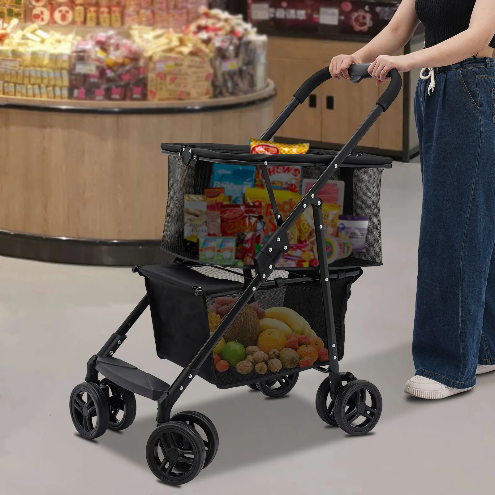 Black Foldable Shopping Cart 2-Tier Large Capacity & Detachable Mesh Bag , Home Supermarket Grocery Use, 110LBS Load 4 Universal Wheels Cart with Cup Holder & Handbag Complete Set