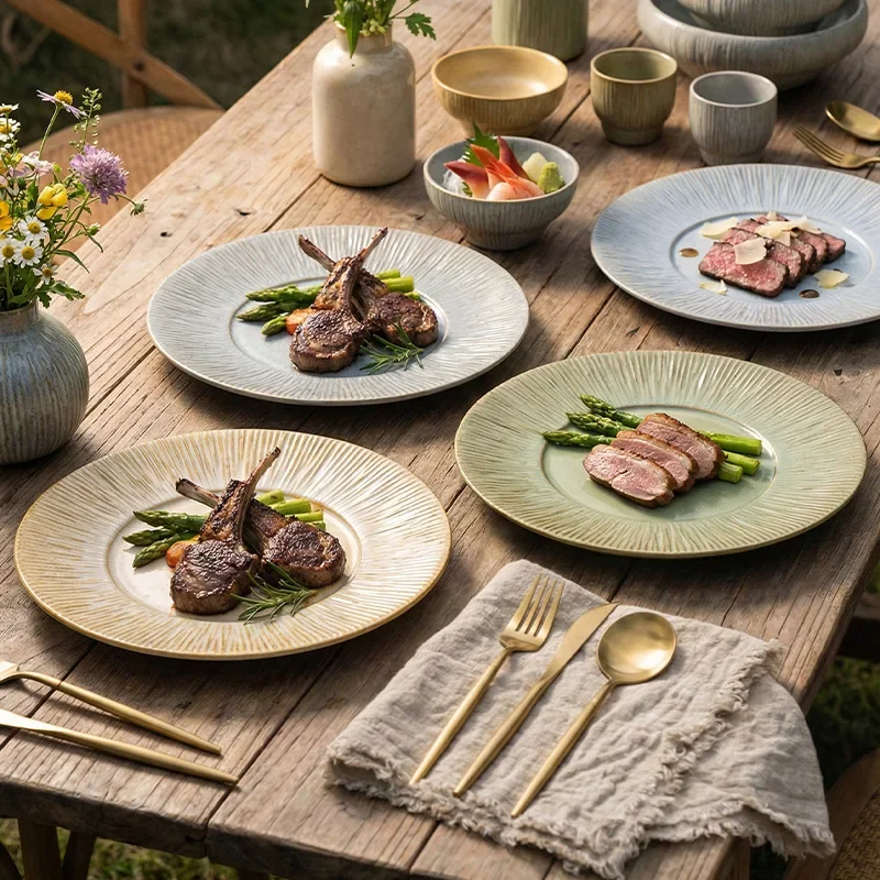 Striped Ceramic Dinner Plate Textured Steak Plate Elegant Tableware Western Food Pasta Salad Table Setting for Home & Restaurant
