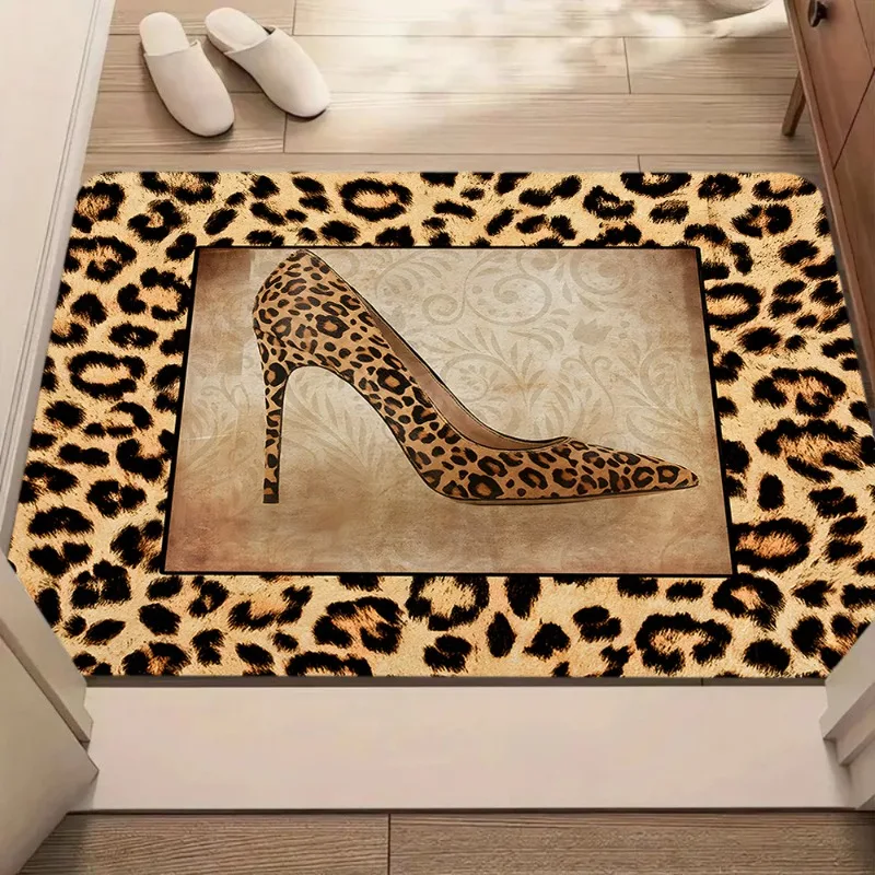 Retro Brown Cheetah Print High Heel Doormat, Anti-Slip Water Absorbing Decorative Carpet for Indoor Front Door Home Decor