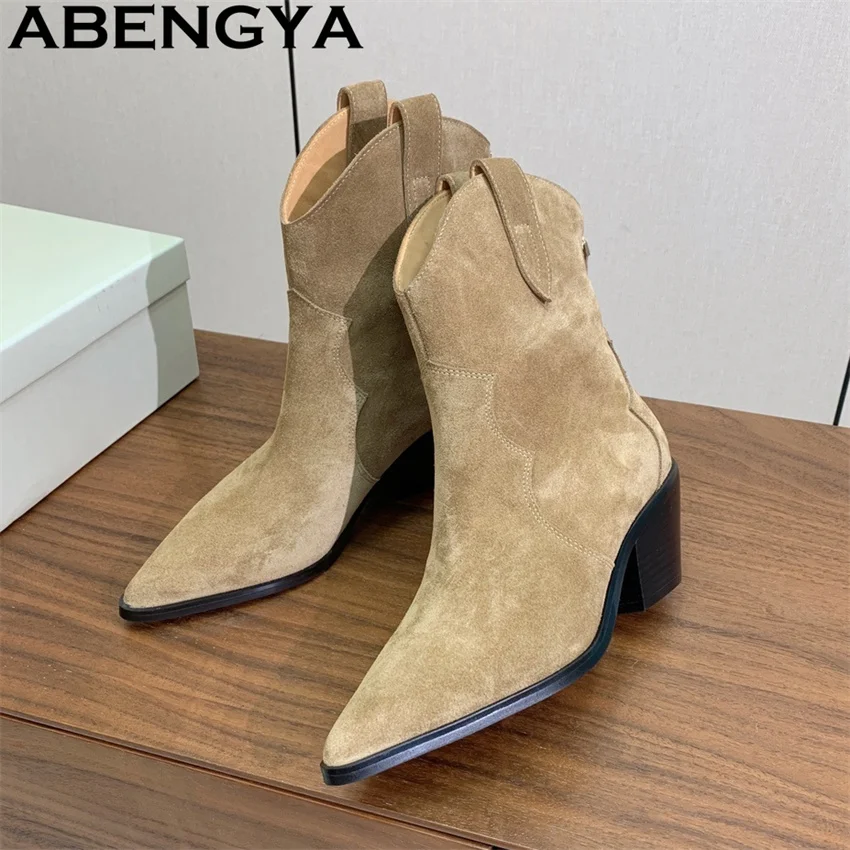 

New Suede Rear Zipper Designer Pointy Toe Chelsea Boots Women's Real Leather Chunky Heels Ankle Boots Winter Punk Boots Mujer