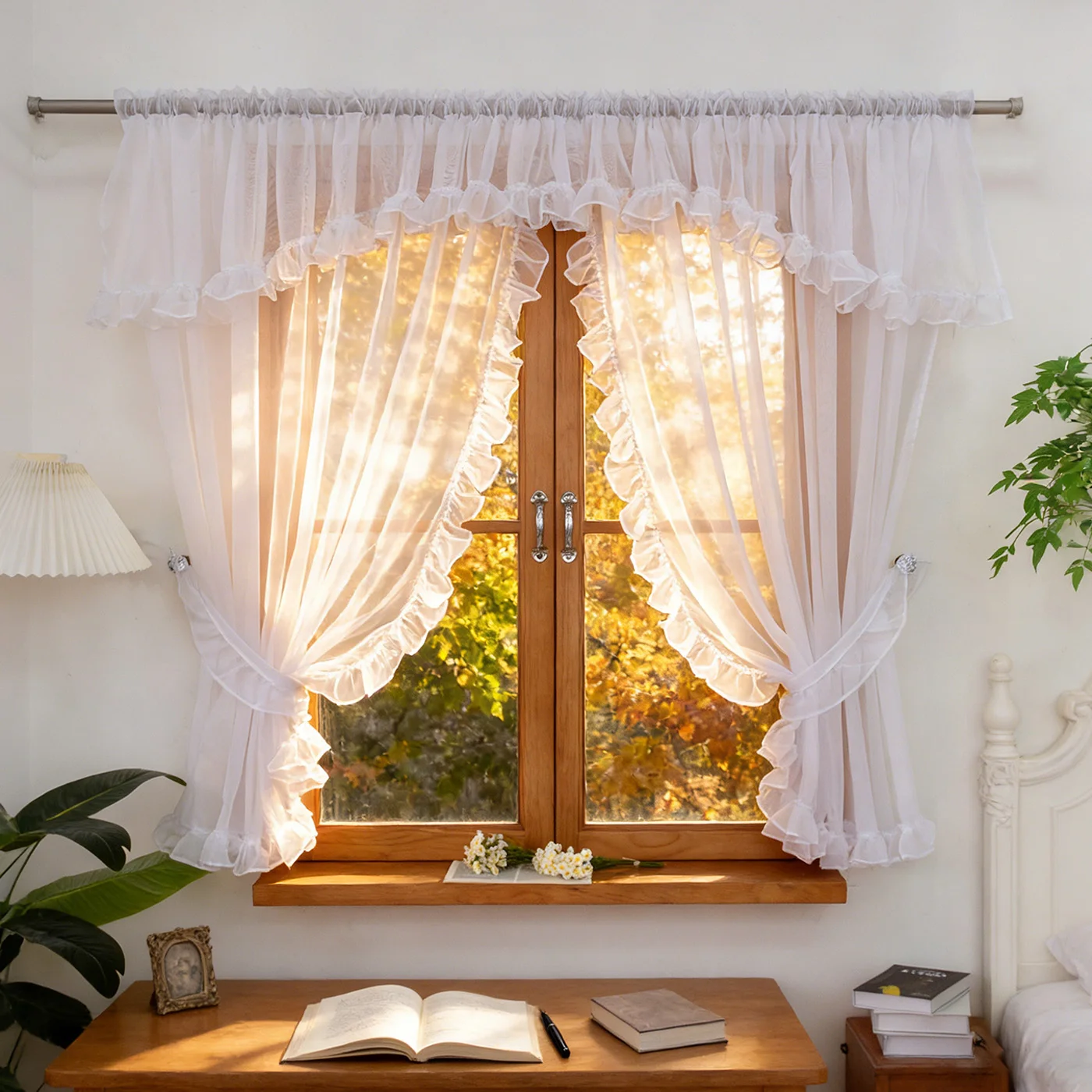 1 Stück Gardinen mit Rüschensaum in Weiß, Lichtfilter-Fenstervorhang, für Küche und Wohnzimmer, süßes Einweihungsgeschenk