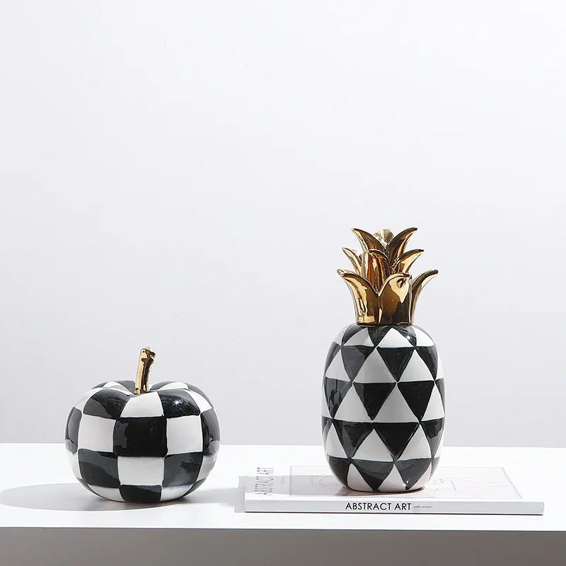 Ceramic Crafts Artificial Fruits Checked Apples Geometric Pineapple Ceramic Sculptures Decorative Figurines Home Decoration