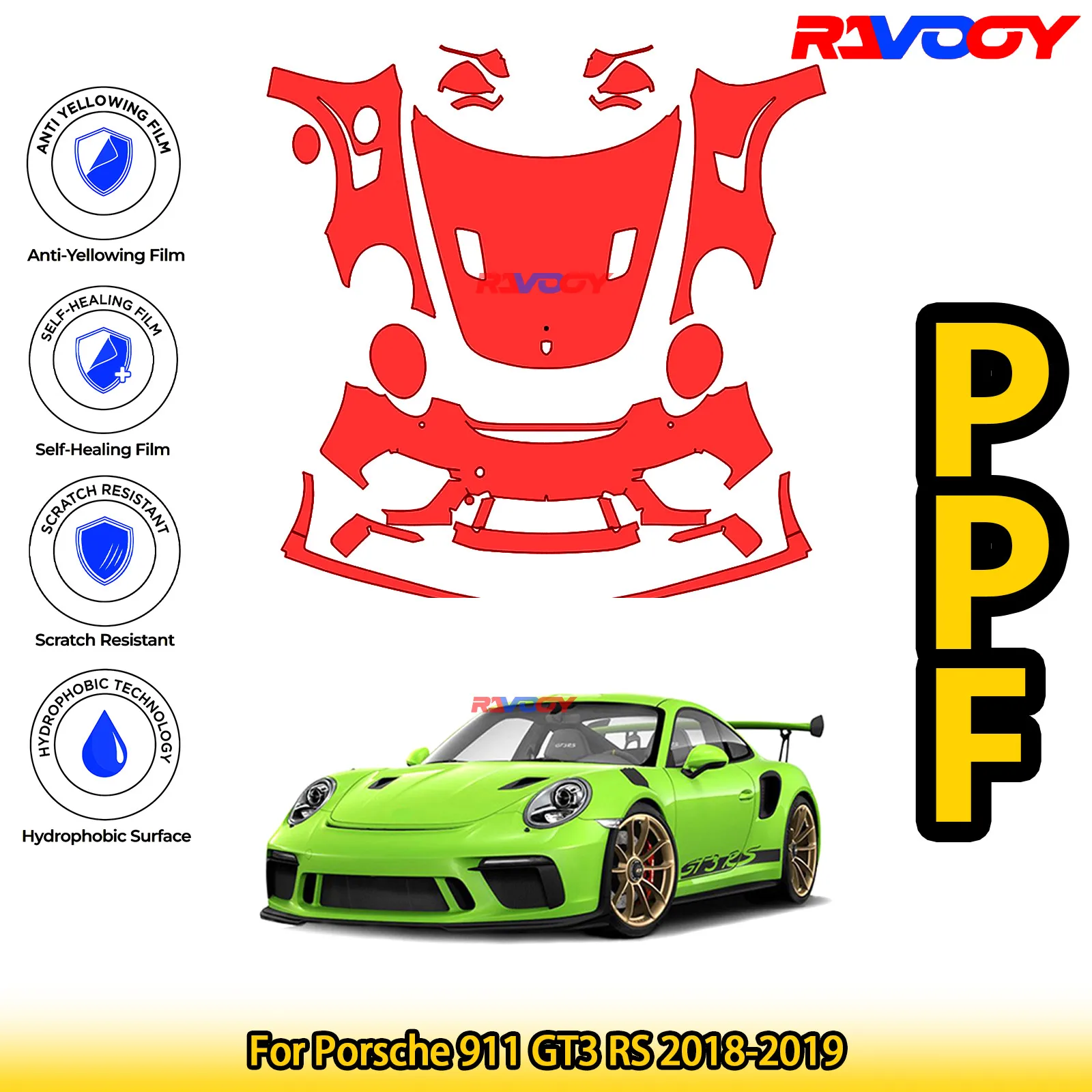 

Для Porsche 911 GT3 RS 2018-2019 глянцевый матовый черный предварительно вырезанный передний комплект PPF, защитная пленка для краски