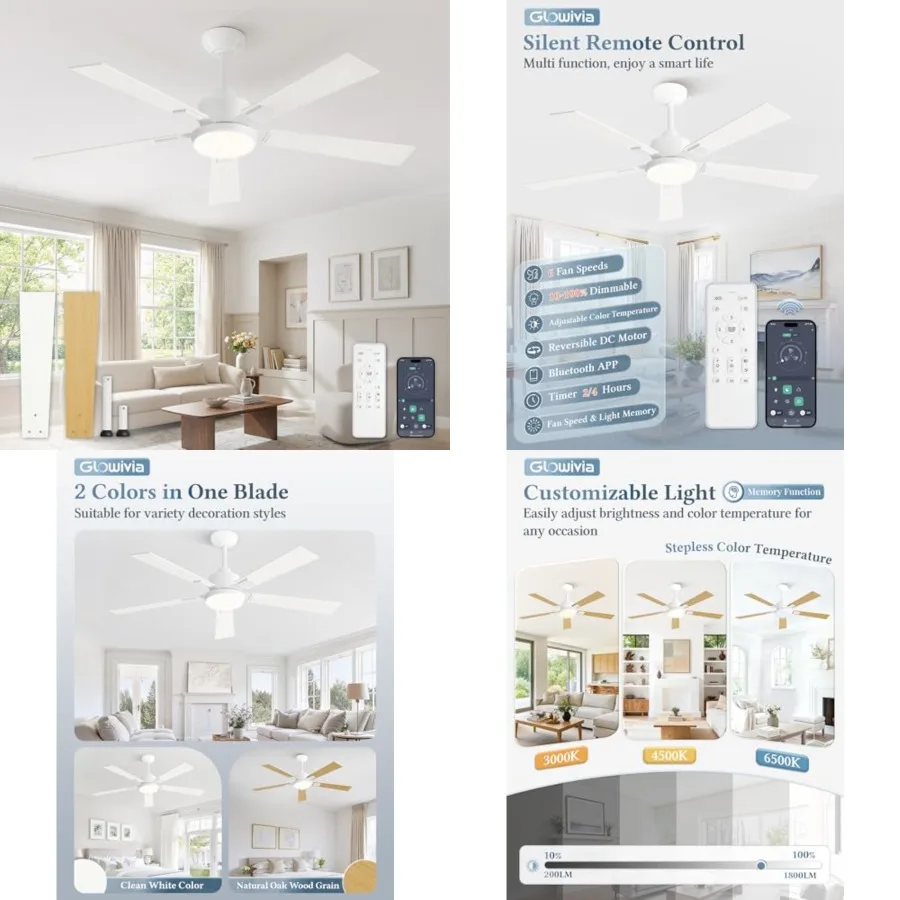 Ceiling Fans with Lights and RemoteandAPP Control, Smart Ceiling Fan with 3000-6000K Dimmable, 0 Speeds Quiet Reversible Motor,