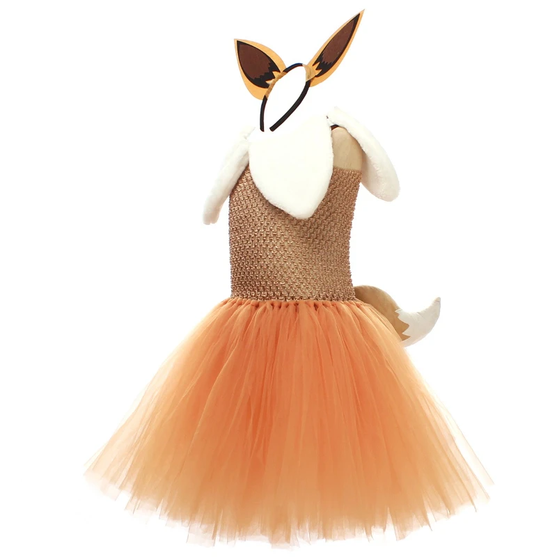Uroczy, słodki i super uroczy kostium cosplay na Halloween dla dziewczynki, anime Pokémon, przebranie Eevee, sukienka z puszystą spódniczką do odgrywania ról.