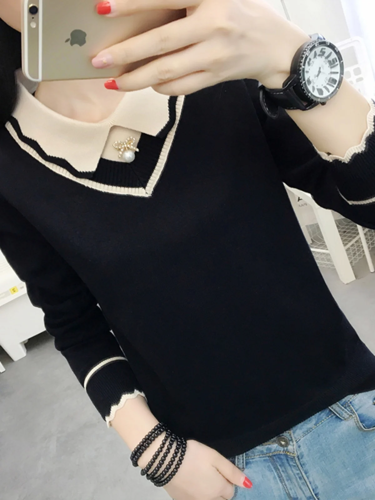 Autumn Winter Women's Knitted Sweater Fake Two-Piece Base irt Sweet Sle Slim Fit Long Sve  Collar Ultra ort Length