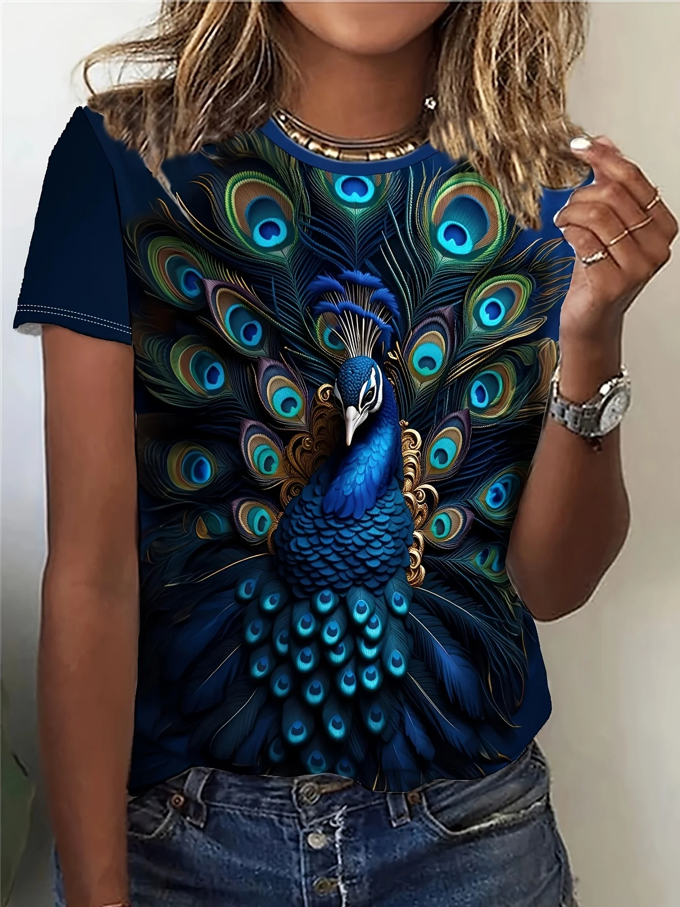 Women's Tee - Peacock Feather Graphic, Luxe Vibrant Bird Design for Casual Daily Wear