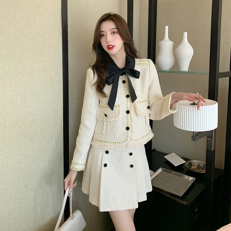 Winter Short Blazer Elegant Office Lady Tweed Coat High Waist A-line Mini Skirt Retro Female Two Piece Suit Jacket