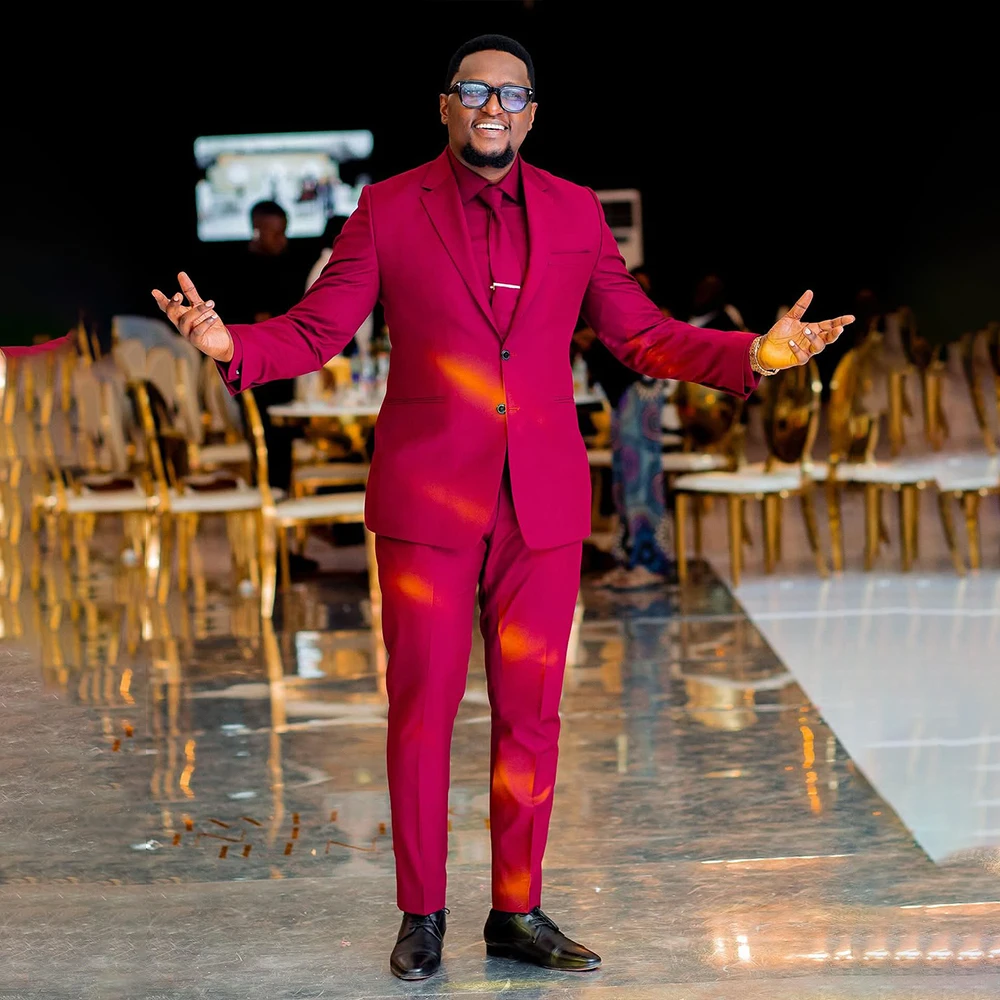 

Men's Suits 2 Pieces with Notched Lapel Tow Buttons Wedding Groom Suit for Men Prom Slim Fit Blazer Red Jacket+Pants Customized