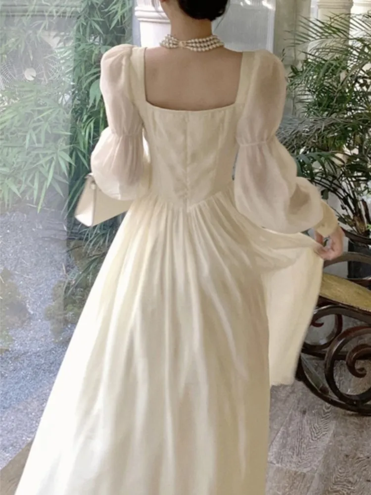 Vintage Princess Party Dress for Women High Waist A-line Lace Up Summer New French Elegant Prom Robe One Piece Vestidos Mujer