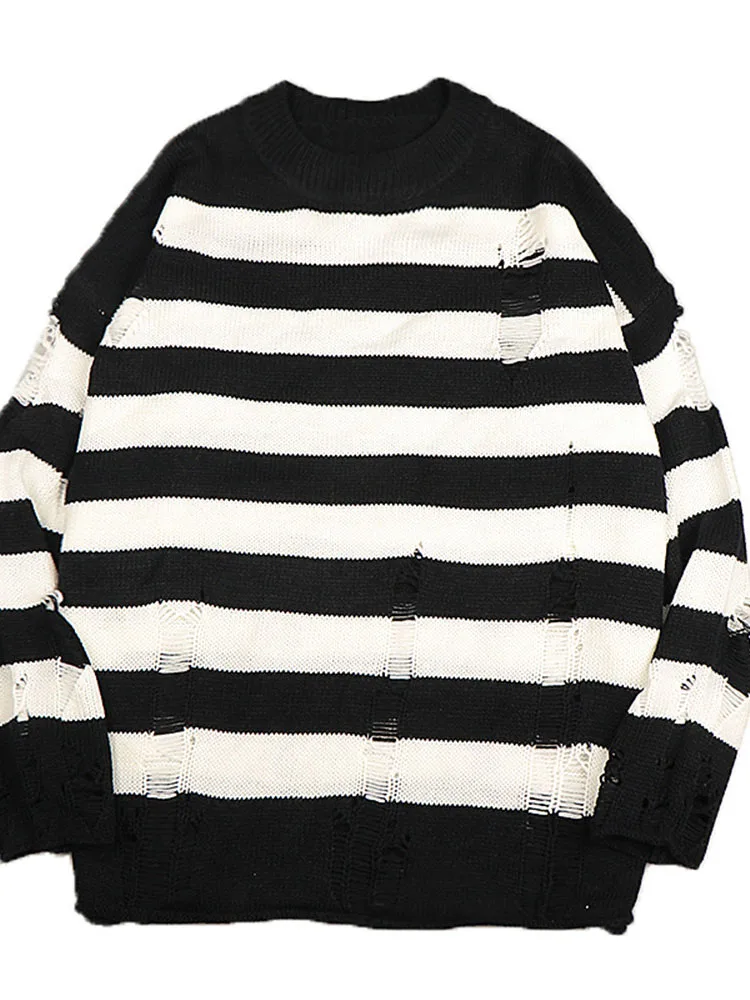 Striped Sweaters Women Punk Unisex Sweater Winter Hollow Out Hole Broken Jumper Loose Oversized Pullouvers Harajuku Streetwear