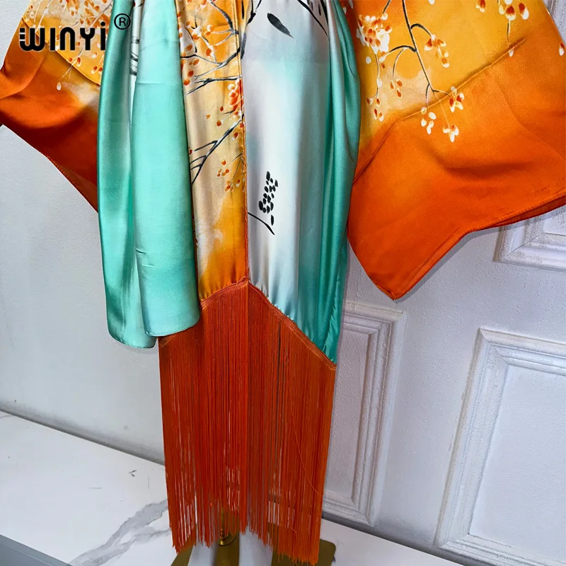 WINYI kimono boho summer dress beachwear summer bohemian print Bikini Cover-up Cardigan sexy Holiday long Sleeve tassels dress