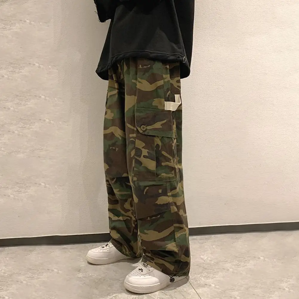 Men Cargo Pants Camouflage Drawstring Elastic Waist Wide Leg Autumn Vintage Jogging Trousers Streetwear