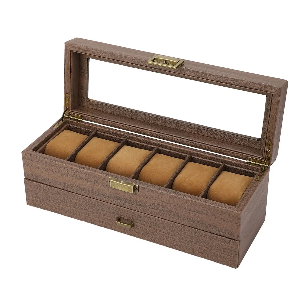 8pcs Black Walnut Wood Watch Holder Organizer Ultra Thin Frame Double Layer Watch Storage Box Multiple Slots PU Leather