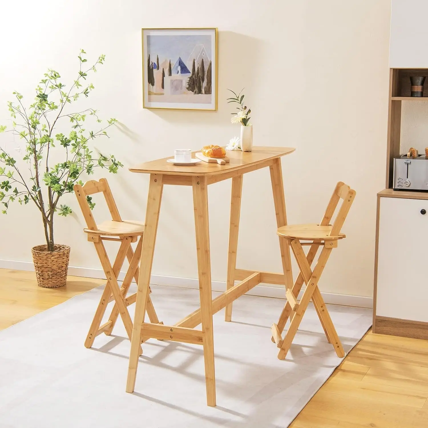 Folding Bar Stools With Back, Bamboo High Kitchen Barstools With Back, Counter Stools Bar Chairs With Backrest,