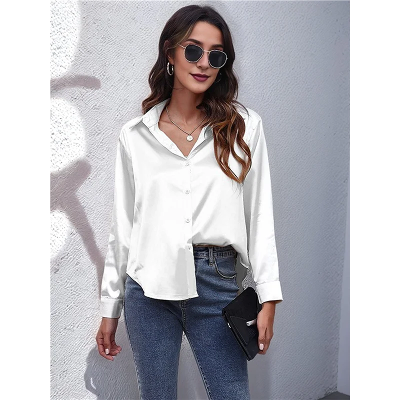 ABRT-Women's Satin Button Down V-Neck Long Sleeve Tops Summer Silk Blouses Fashion Spring Shirt 2025