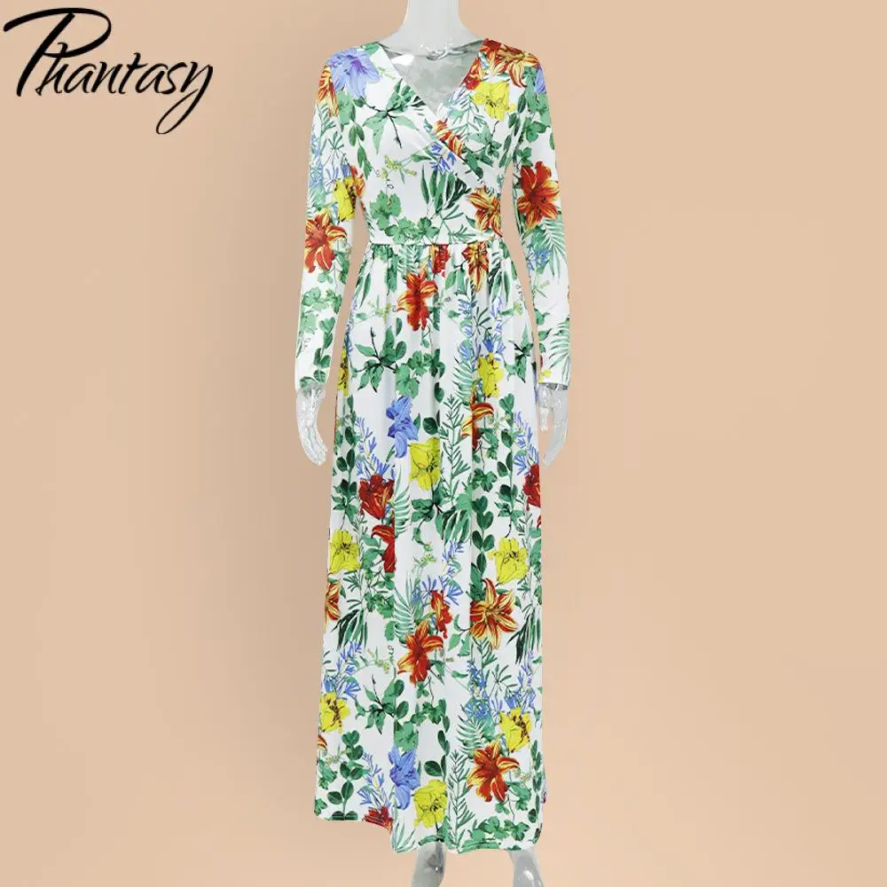 

Phantasy Elegant Designer Dress for Women Floral Printing Dress Female Summer V-Neck Long Sleeve Fashion Vintage Dress Clothes