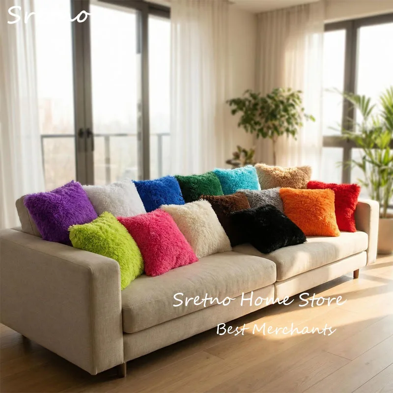 2 Pieces Faux Fur Cushions Fluffy Throw Pillow Soft Home Decorations Square Plush Pillow for Livingroom Sofa Bedroom 45x45cm