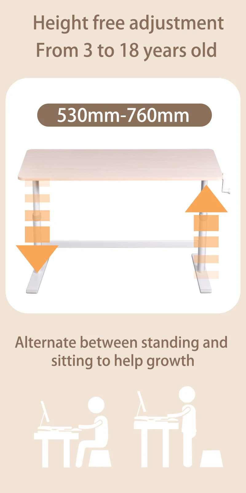 Writing Desk Hand Crank Height Kids Adjustable Study Desk Table for Bedroom