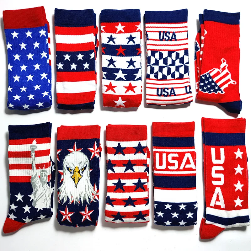 Men Socks Letter Stripe Star Goddess of Liberty Eagle Pattern Couple Socks Gourmet Burger Sandwich Pizza Funny Cotton Socks