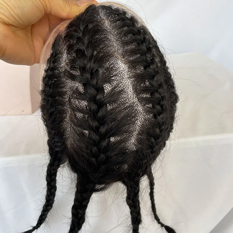 Rambut palsu pria, rambut palsu empat kepang Aka kepang ganda 100% rambut manusia dasar Mono dengan sistem rambut PU untuk pria