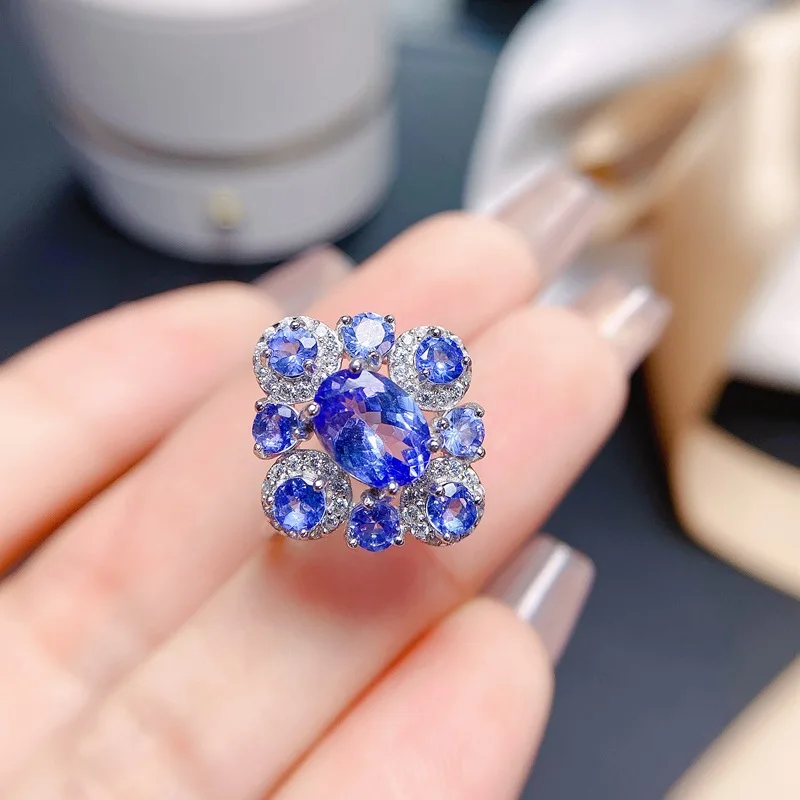 Natural Tanzanite Ring 6x8mm & 3x3mm Stones 925 Silver Halo Cluster Design Statement Cocktail Ring for Women
