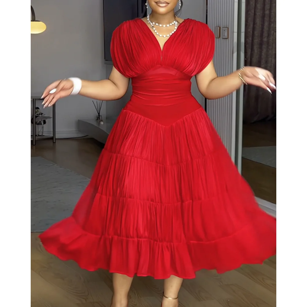 

2025 Fashion Women Party Red Dress Textured V Neck Sleeveless Ruched Ruffles Hem Dress Casual Waist A Line Party Midi Dress