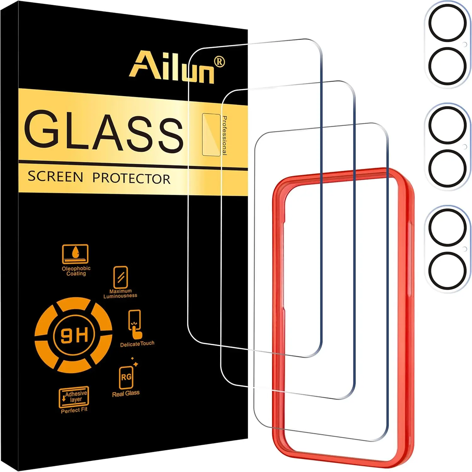 3 Pack iPhone 16 Screen Protector + Camera Lens Protector with Frame, Tempered Glass, Case Friendly