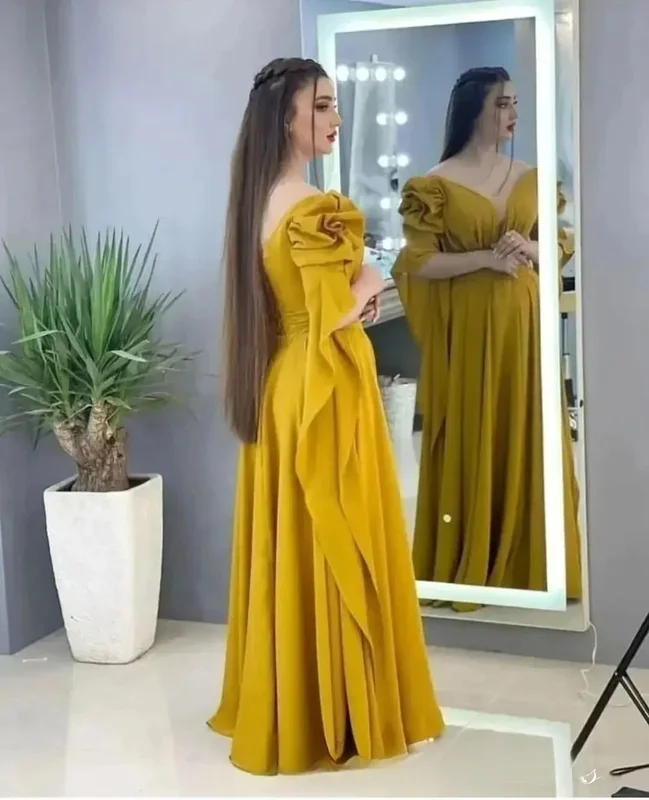 Deep V-Neck Ruffles Prom Dresses Saudi Arabic Women Long Sleeves A-Line Satin Evening Gowns Occasion Formal Party Drescustomized