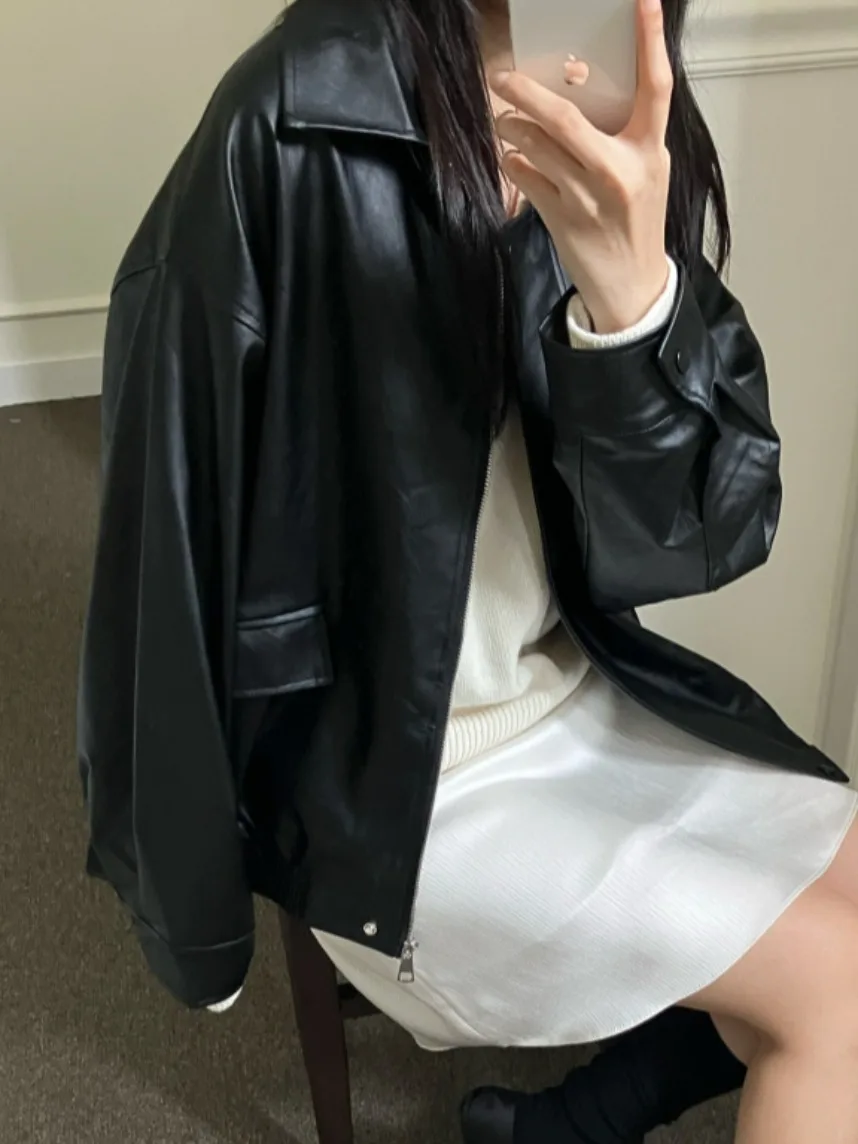 シックな秋のヴィンテージ風ルーズフィットジッパー付きPUレザーバイカーカジュアルジャケット レディースファッション通勤スリーブロングスリーブカラー