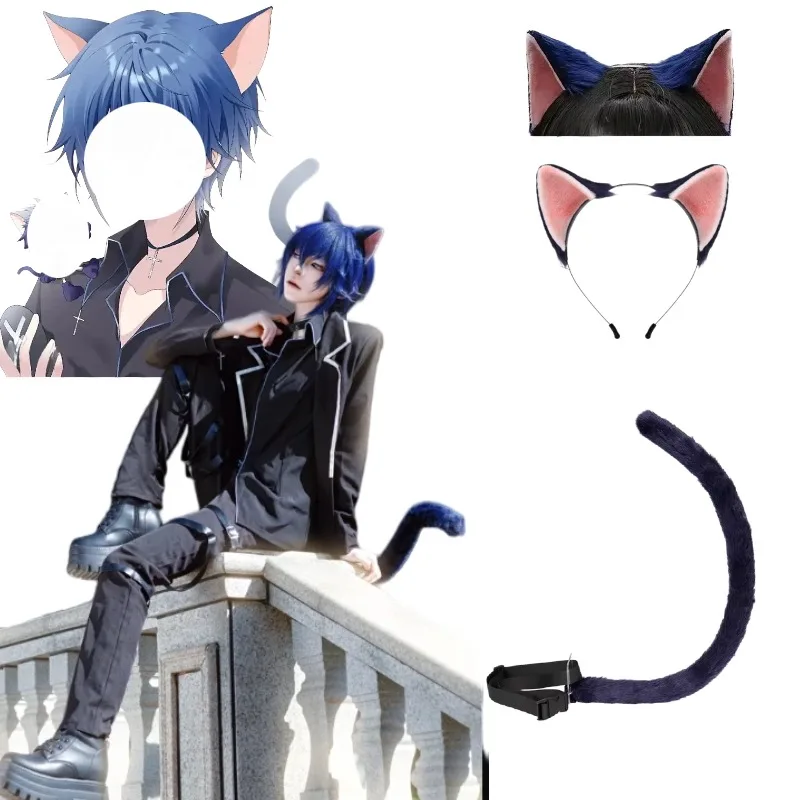 

Anime Tsukiyomi Ikuto Cosplay Props Furry Blue Cat Ears Headband Tail Set for Men Halloween Party Roleplay Costume Accessories