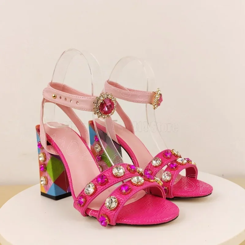 Colorful Crystal Geometric Print Heel Sandals Buckle Strap Women Shoes Chunky High Heels Party Banquet 2026 Zapatos Para Mujere