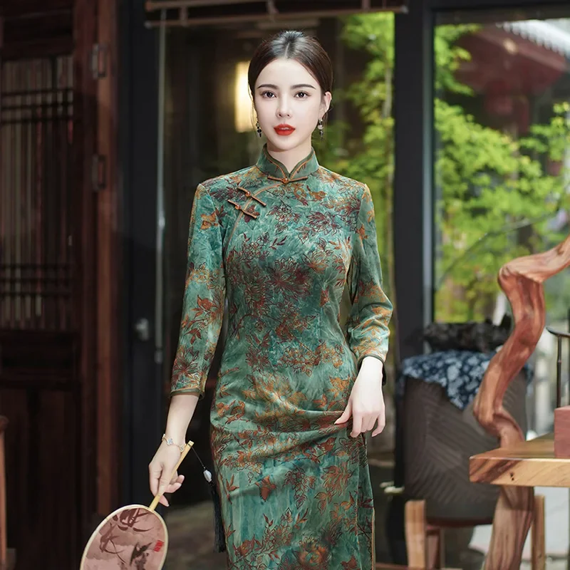

Плюс размер 3Xl 4Xl 5Xl Ципао зеленые женские Cheongsam традиционные платья в китайском стиле элегантные велюровые платья женские Ципао с принтом