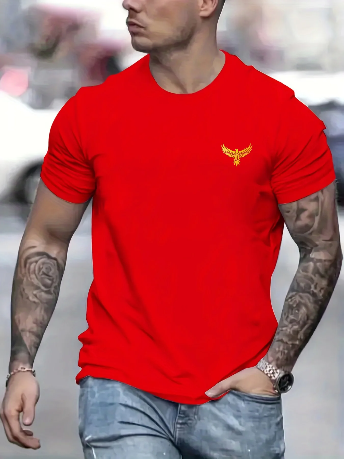 Summer Men's 100% Cotton Casual Loose Large Eagle Pattern Print Round Neck Short Sleeve T-shirt Top Fashion Streetwear Oversized