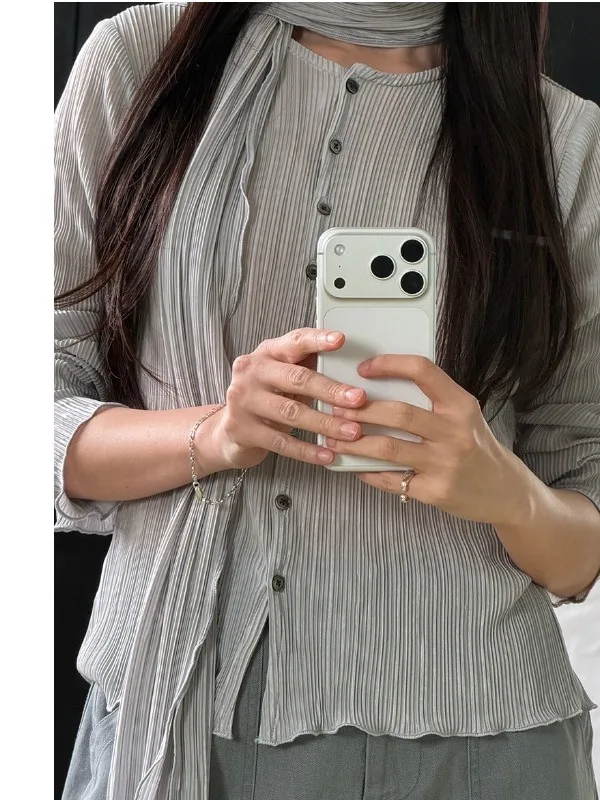 Korean Style Textured Pleated Long Sleeve round Neck Elastic Women's Shirt with Sash High-End Feeling Casual Summer Top